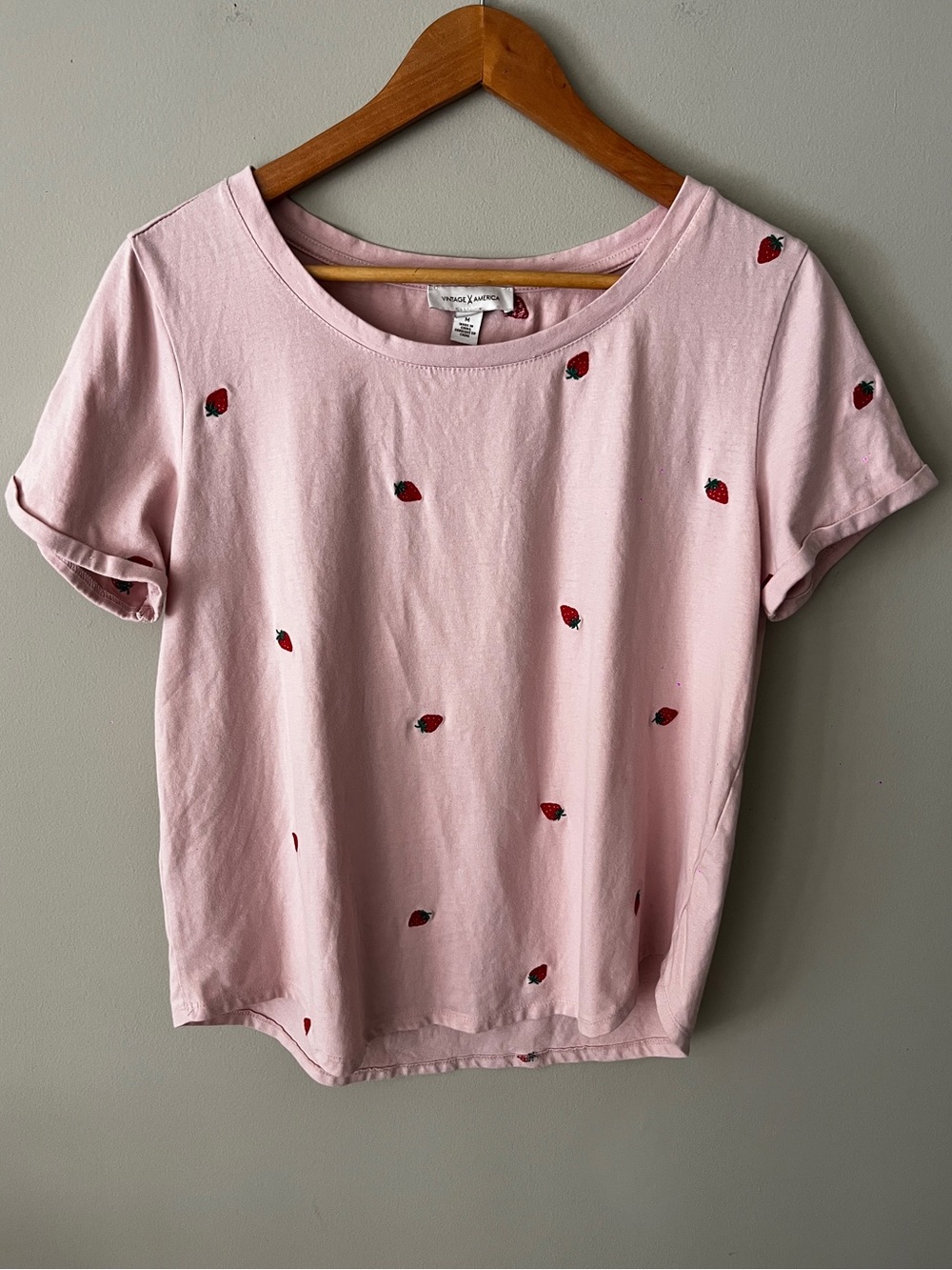 Vintage America Pink Short Sleeve Tee with Red Strawberry Details